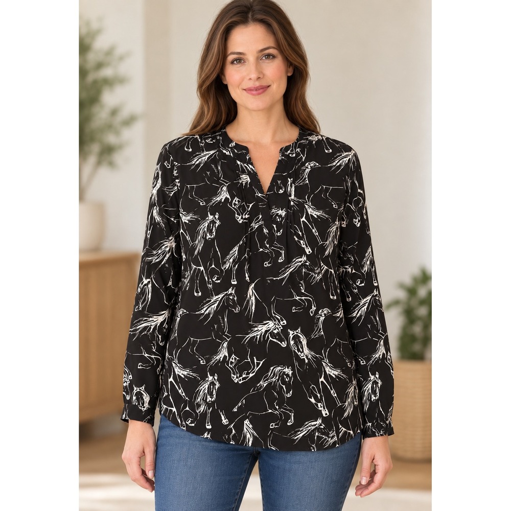 Black White Horse Print Split Neck Long Sleeve Top My Danielle Women XL